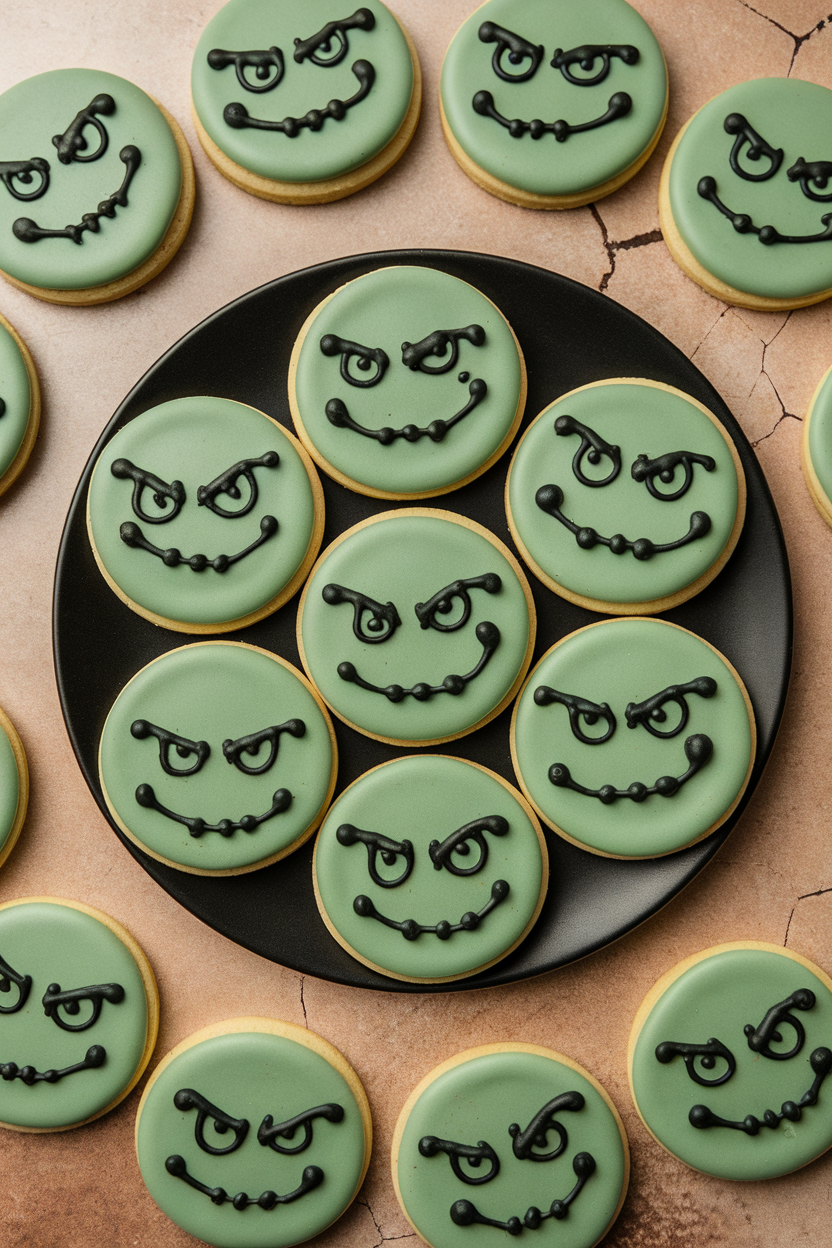 Indoor photo of round green cookies with mischievous goblin expressions in black icing, gathered on a plate, no text or logos.