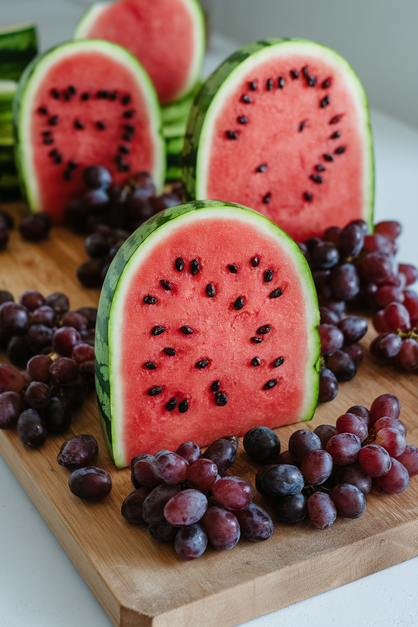 An indoor cutting board featuring thick watermelon slabs carved into tombstone shapes, grape “pebbles” scattered around. No text or logos.
