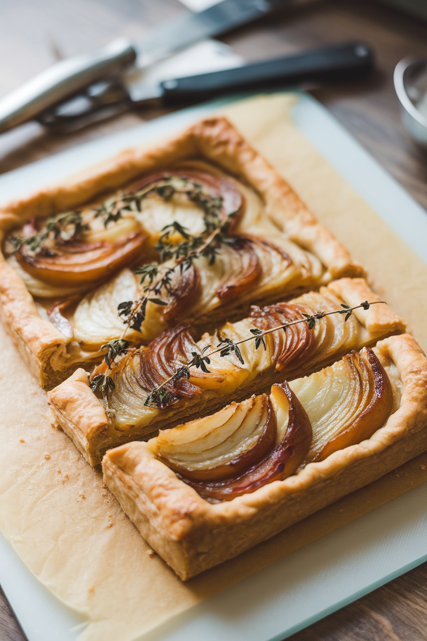 A rectangular indoor tart on a cutting board, layers of golden caramelized onions and thyme on flaky pastry, slices partially cut. No logos or text. Photo only.