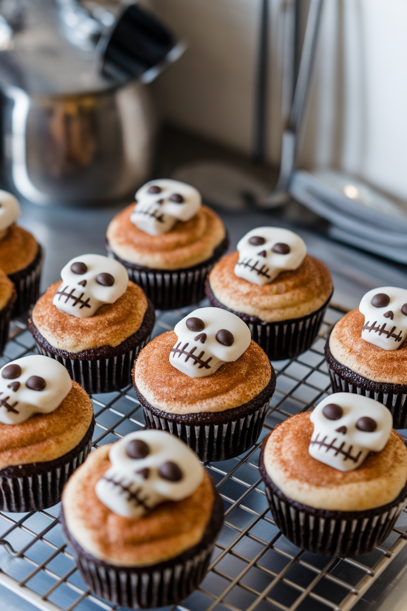 Indoor kitchen shot of snickerdoodle cupcakes dusted with cinnamon sugar and decorated with white chocolate skull faces, no text or logos.