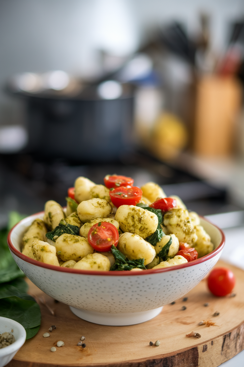 An indoor serving bowl of sautéed cauliflower gnocchi mixed with pesto, cherry tomatoes, and spinach. No text or logos; photo only.