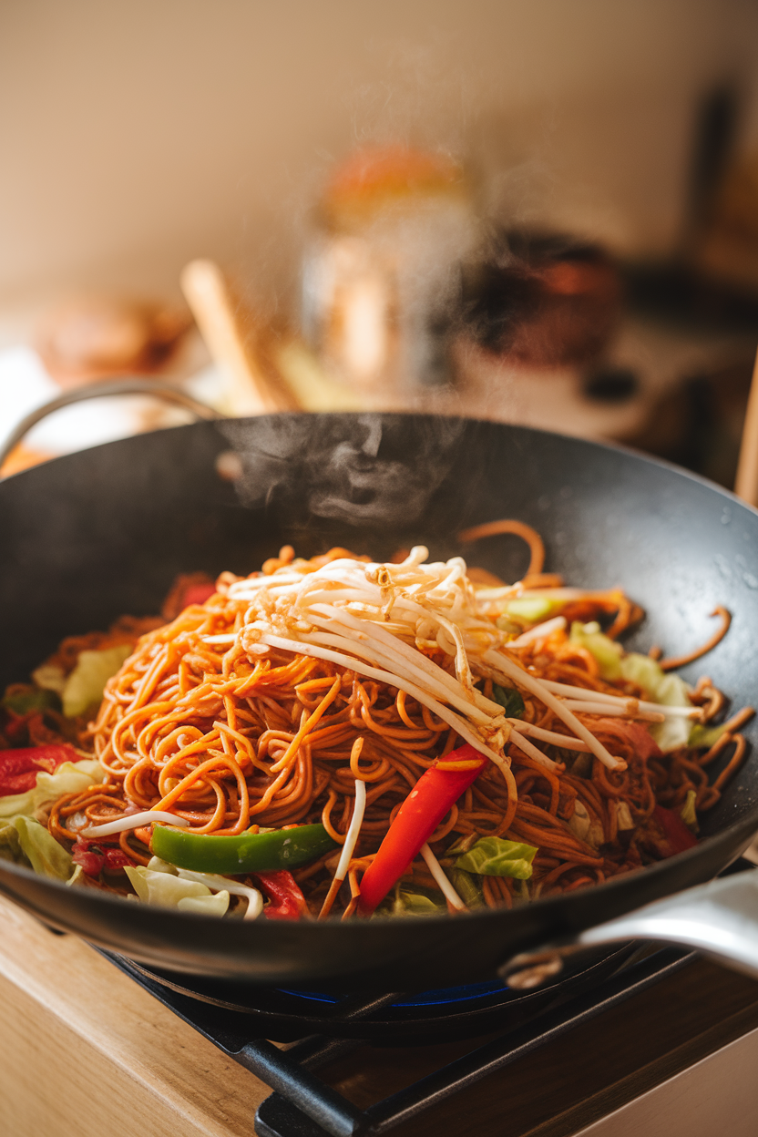 Indoor photo of a wok filled with vegetable chow mein—soy-glazed noodles, bell peppers, cabbage, and bean sprouts—steam visible. No logos or text.