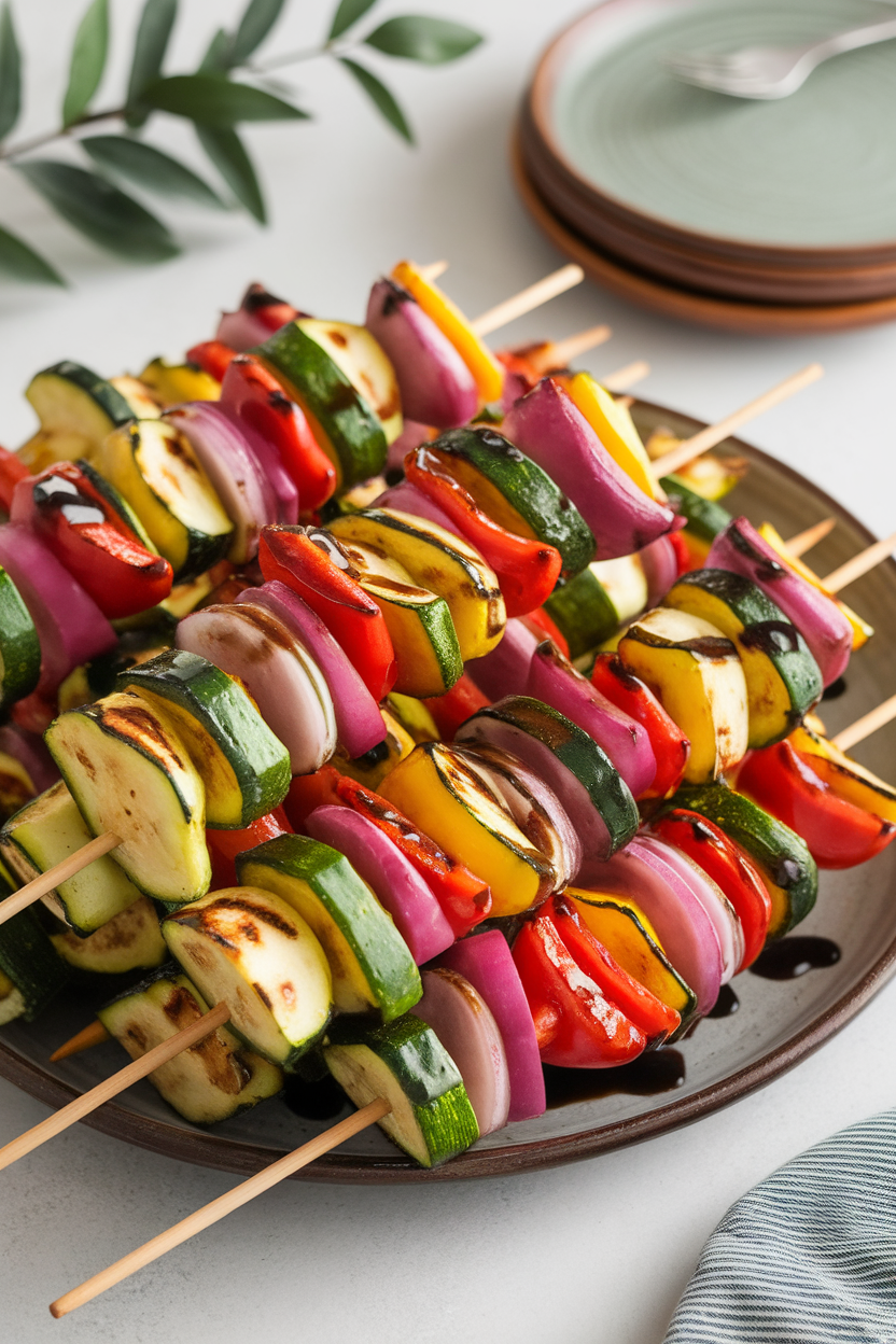 An indoor platter holding colorful skewers of cooked zucchini, peppers, and red onion with visible grill marks, drizzled lightly with balsamic glaze. No text or logos. Photo, not illustration.