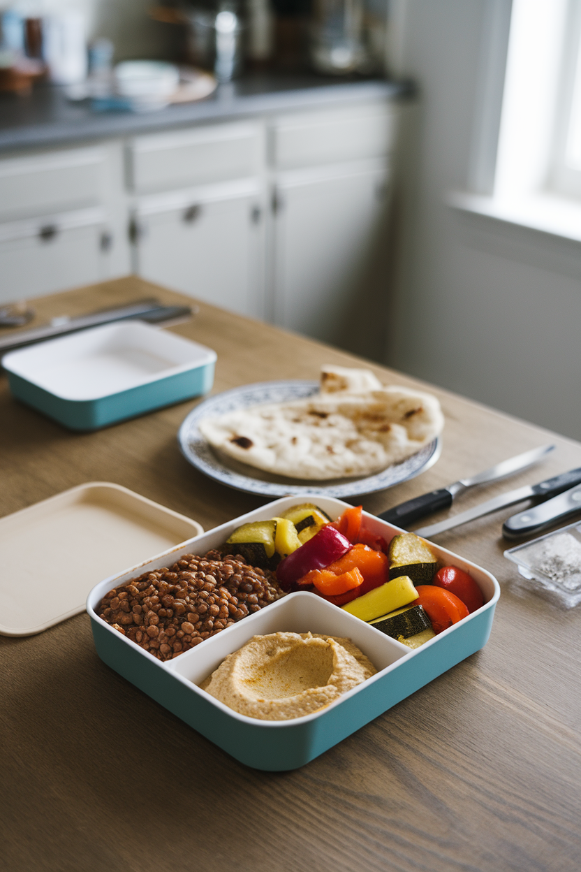 Photo, indoor dining table showing a compartmental container filled with cumin-spiced lentils, roasted zucchini and bell peppers, and a dollop of hummus; no text or logos.