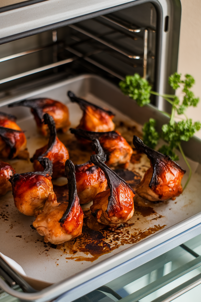 Oven tray indoors with glazed chicken drumettes, edges charred dark for a “bat wing” effect, parsley garnish nearby. No text or logos.