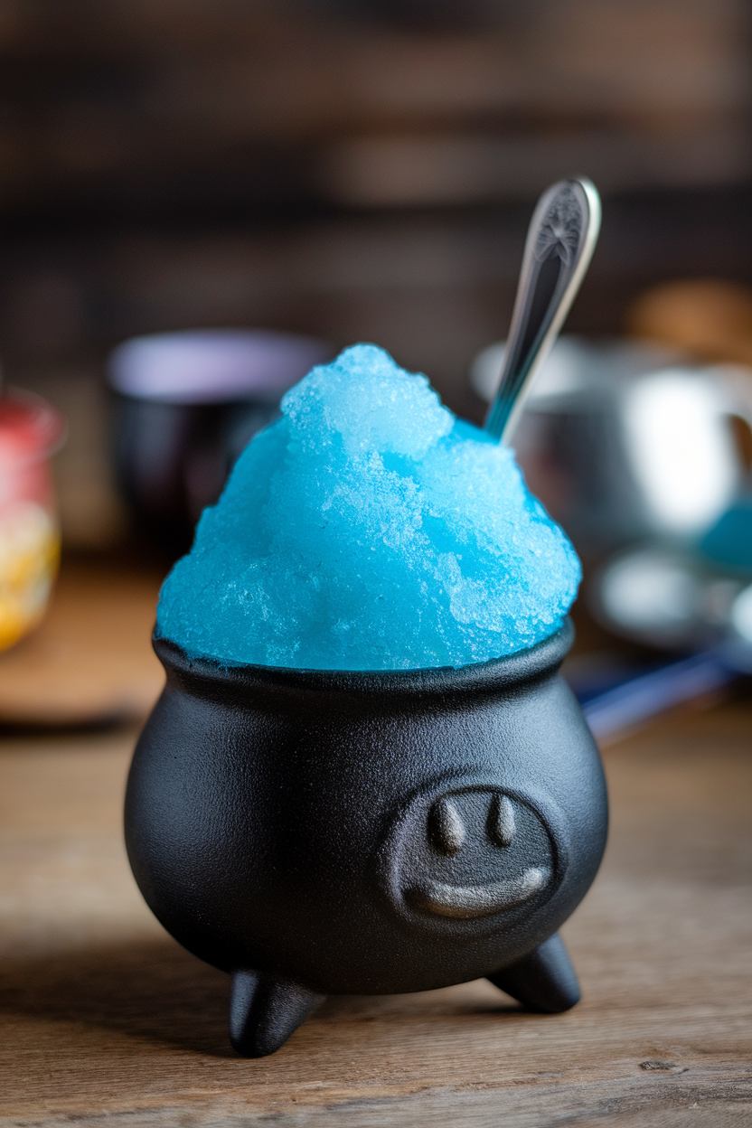 Indoor photo of a vivid blue slush piled high in a small black cauldron-shaped mug, silver spoon stuck in. No text or logos visible.