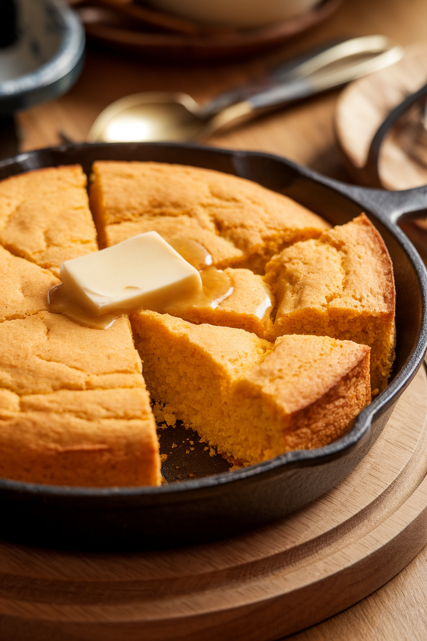 Photo of a cast-iron skillet cornbread sliced into wedges, pat of melting honey butter on top, warm indoor lighting, no text or logos.
