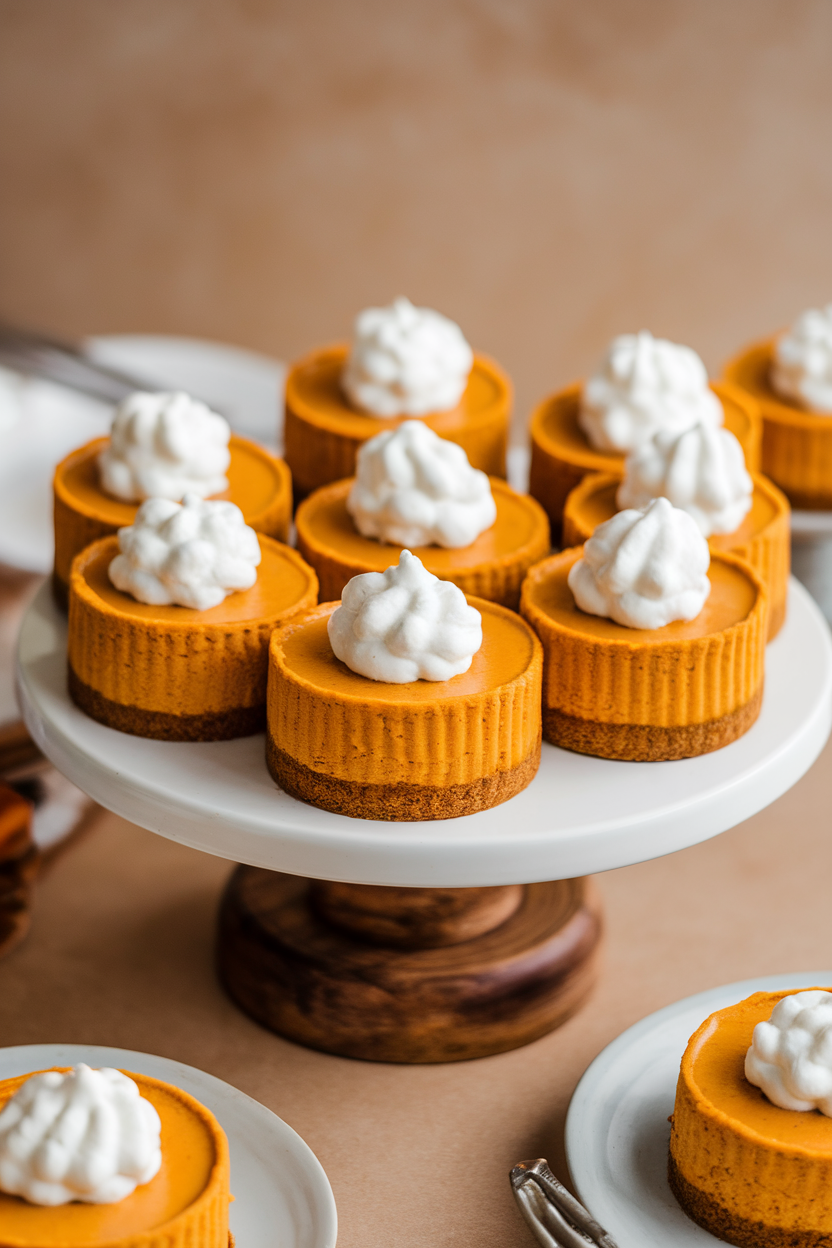 Indoor photo of individual pumpkin cheesecakes with dollops of whipped cream, arranged on a cake stand; no text or logos.