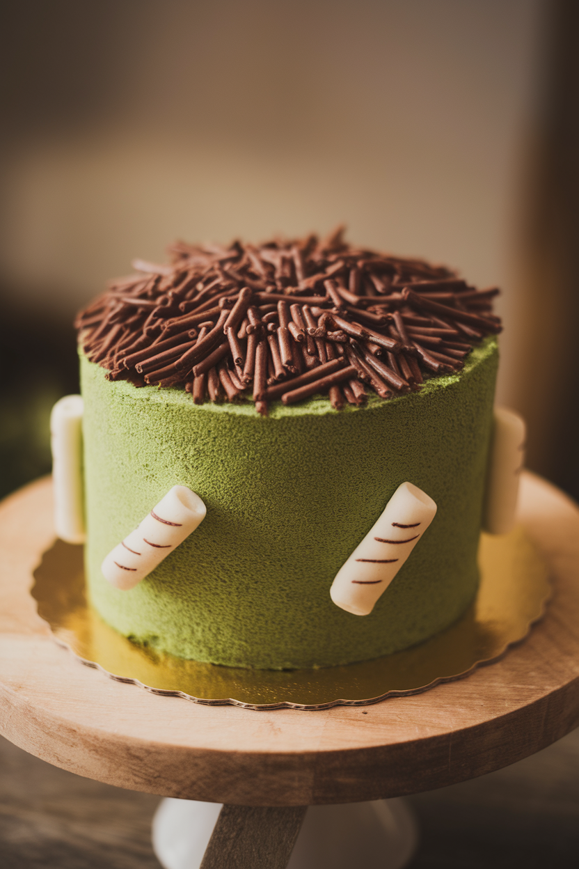 Indoor photo of a green sponge cake with chocolate sprinkle “hair” and fondant bolts on the sides, captured on a wooden board. No text or logos.