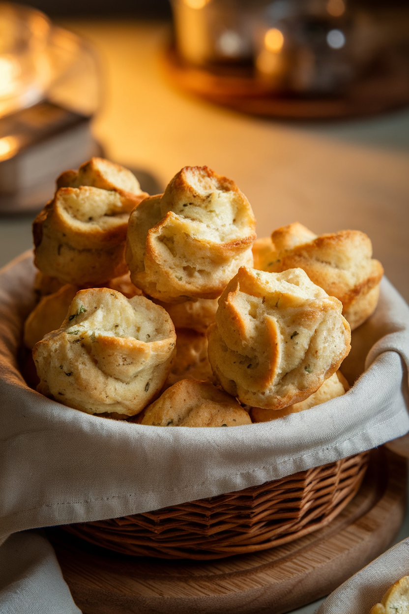 Indoor photo of airy cheddar chive gougères piled in a linen-lined basket; warm kitchen light, no text or logos.