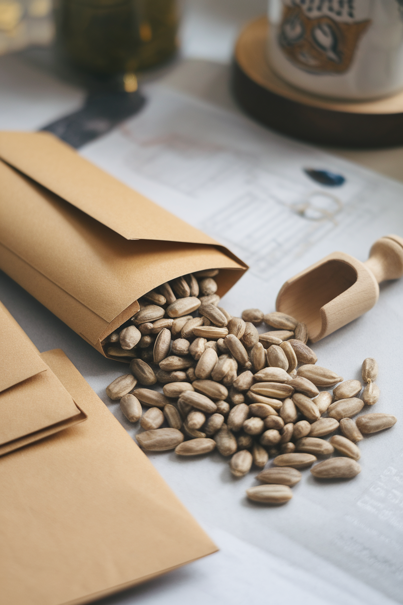 Indoor tabletop with kraft envelopes spilling roasted sunflower seeds, tiny wooden scoop nearby. No text or logos.