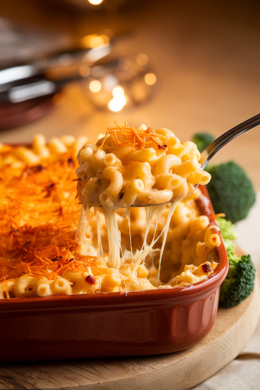 Indoor photo of a casserole dish with bubbling baked macaroni and cheese, cheese strands stretching from a serving spoon. Warm incandescent lighting, no text or logos.