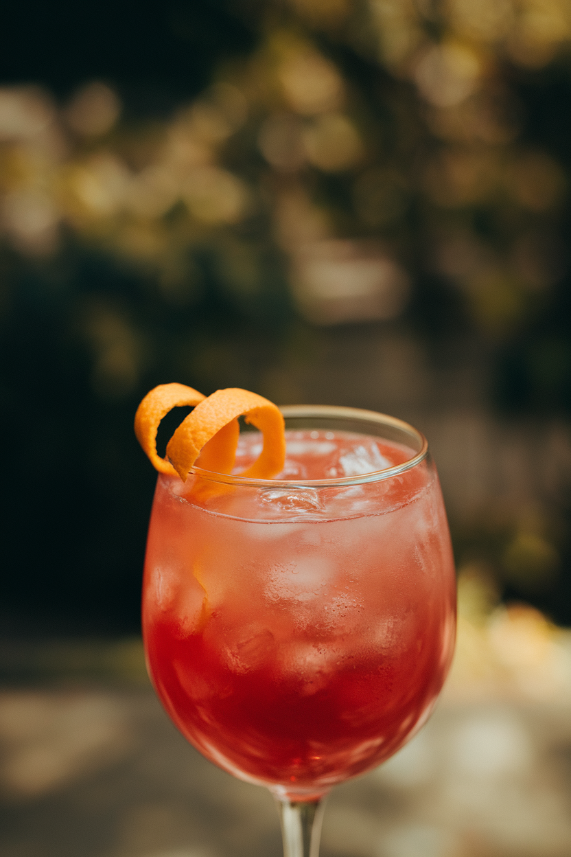 Photo of an indoor glass tumbler with ruby red mocktail, ice, and an orange twist; no text or logos