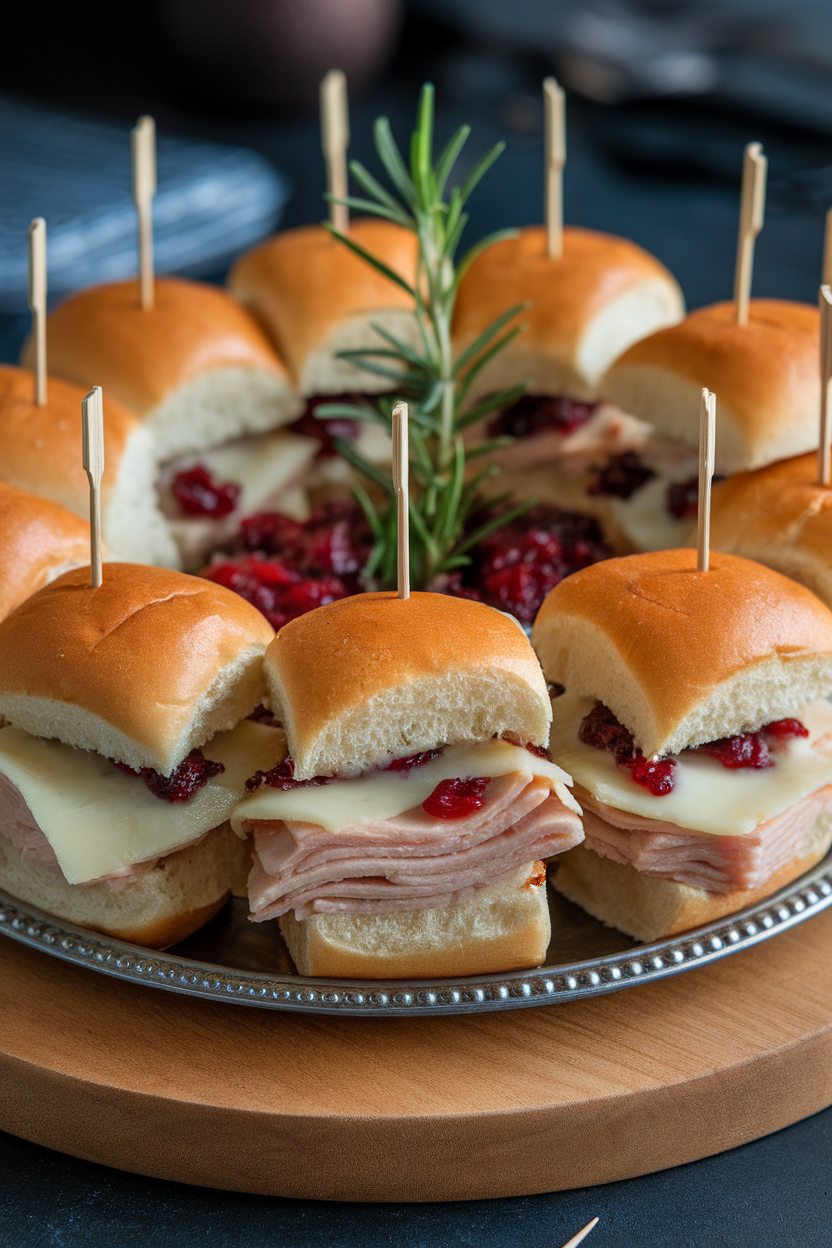 Indoor platter of mini slider buns filled with sliced turkey, melted Swiss, and cranberry spread. No text or logos.