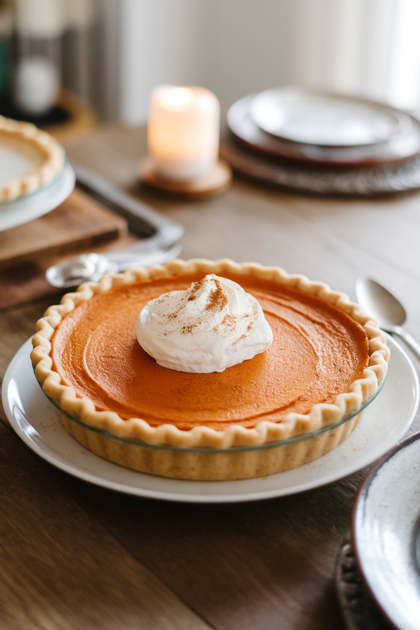 Photo of a whole sweet potato pie with a dollop of whipped cream and sprinkle of cinnamon on top, indoor dining table, no logos or text.