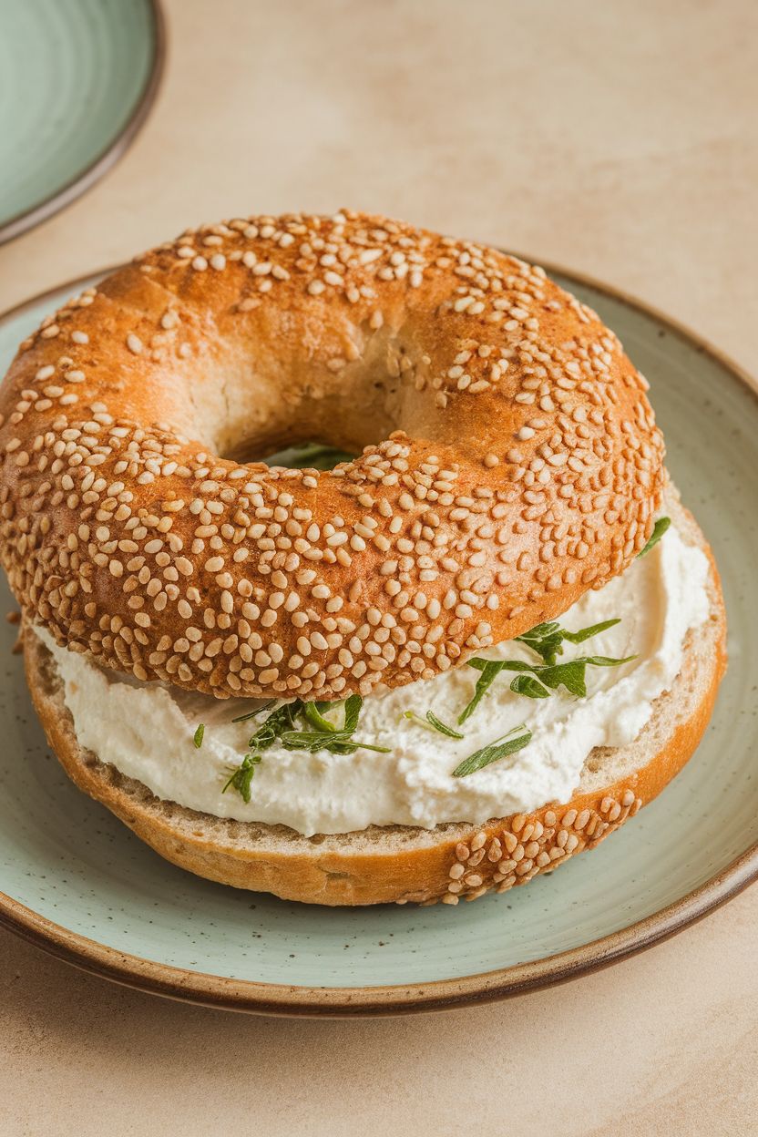 Photo of a sesame-topped whole-grain bagel spread with thick labneh and sprinkled with fresh herbs, shot indoors on a breakfast plate. No text or logos visible.