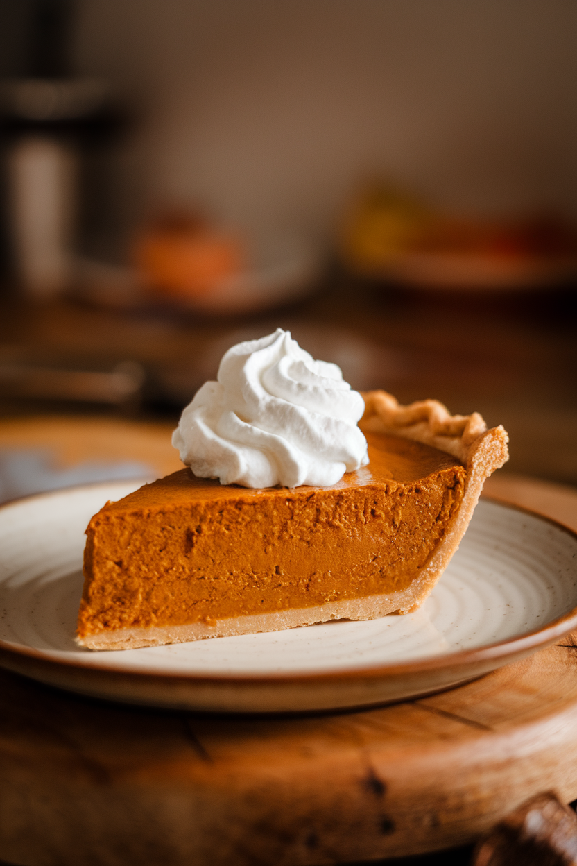 A warmly lit indoor kitchen table featuring a slice of classic pumpkin pie on a white ceramic plate, topped with a swirl of maple-sweetened whipped cream. No text or logos in view. Photo, not illustration.
