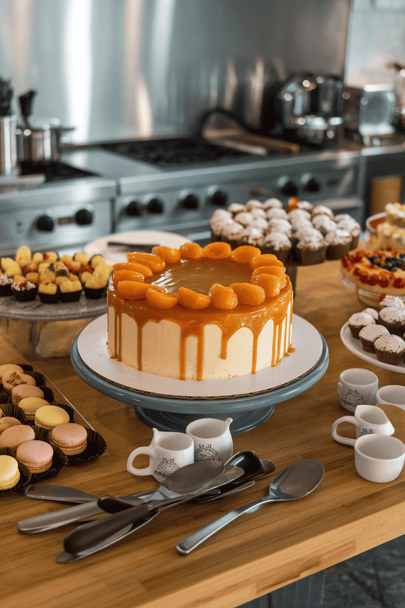 An indoor kitchen buffet with a round cake topped by glossy apricot halves nestled in an almond caramel glaze. No text or logos. Photo.