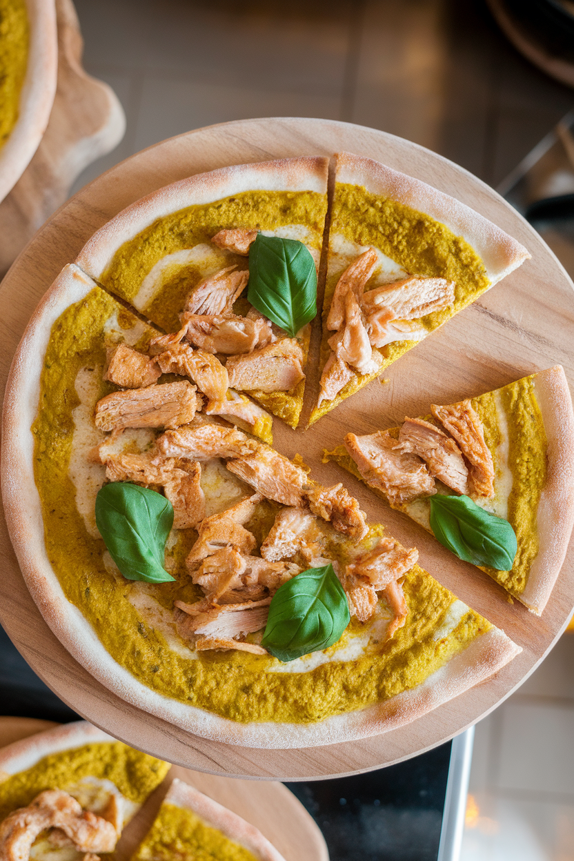 Indoor overhead image of a pizza coated with bright green Thai curry sauce, topped with cooked chicken and basil. Photo only, no text or logos.