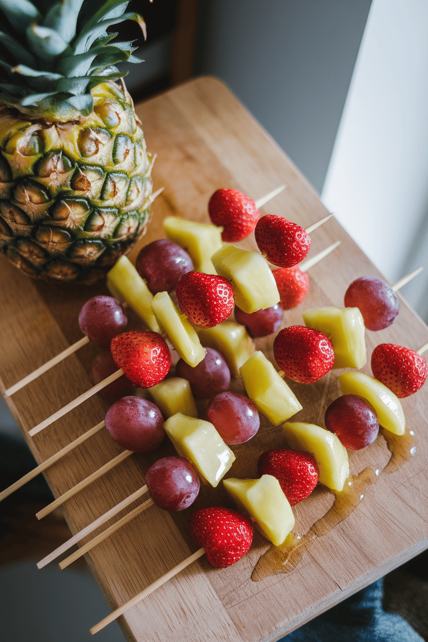 An indoor cutting board holding skewers threaded with pineapple, strawberries, and grapes, lightly brushed with shiny honey-lime glaze. No text or logos; photo only.