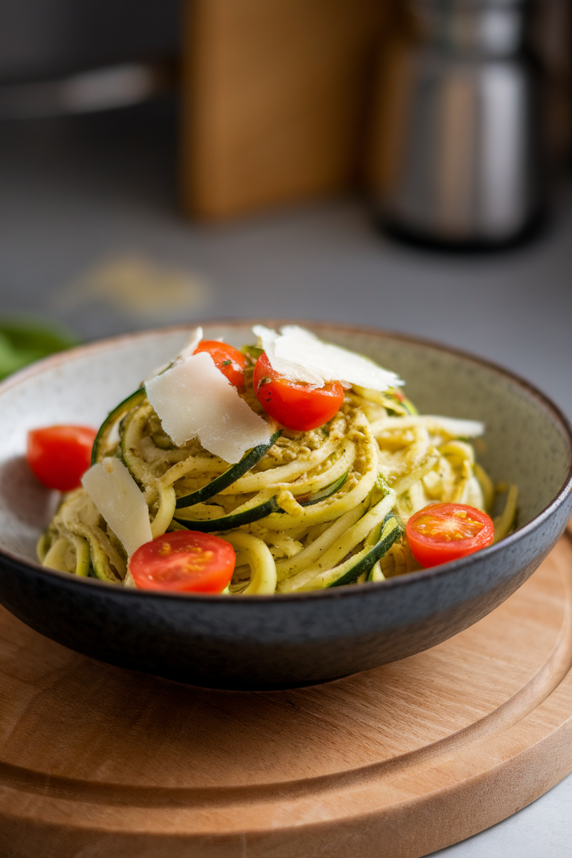 An indoor photo of a bowl of zucchini noodles tossed with basil pesto, cherry tomatoes, and shaved Parmesan, no text or logos.