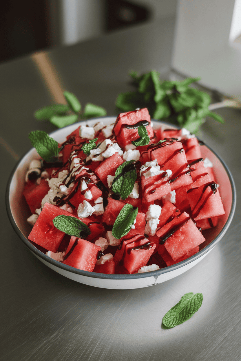 Indoor kitchen island featuring a bowl of cubed watermelon, crumbled feta, and mint leaves, light coating of balsamic glaze. No text or logos visible. Photo, not illustration.