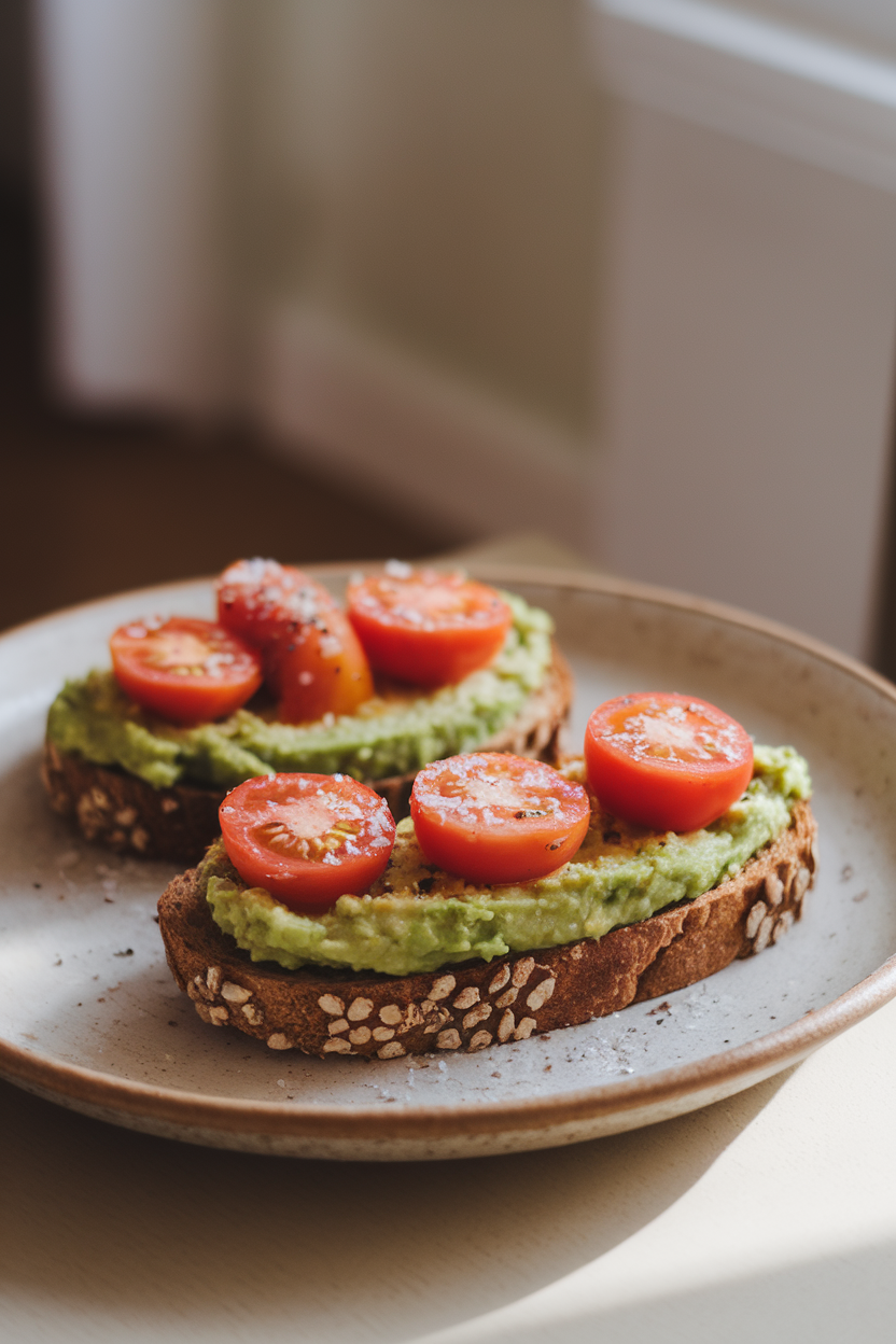 Photo of two slices of whole-grain toast topped with mashed avocado, cherry tomato halves, and a dusting of sea salt, plated on a simple ceramic dish indoors with morning light. No text or logos visible.