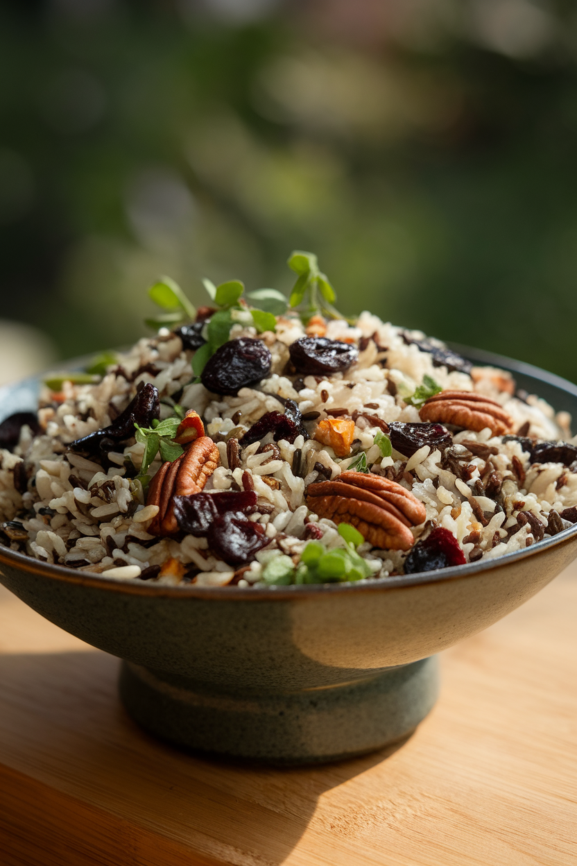 Indoor photo of wild rice mixed with dried cherries, chopped pecans, and fresh herbs in a wide serving bowl; side lighting, no text or logos.