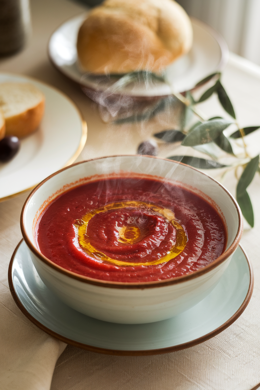 An indoor kitchen table with a steaming bowl of deep red roasted tomato soup, a swirl of olive oil on top; no text or logos visible.