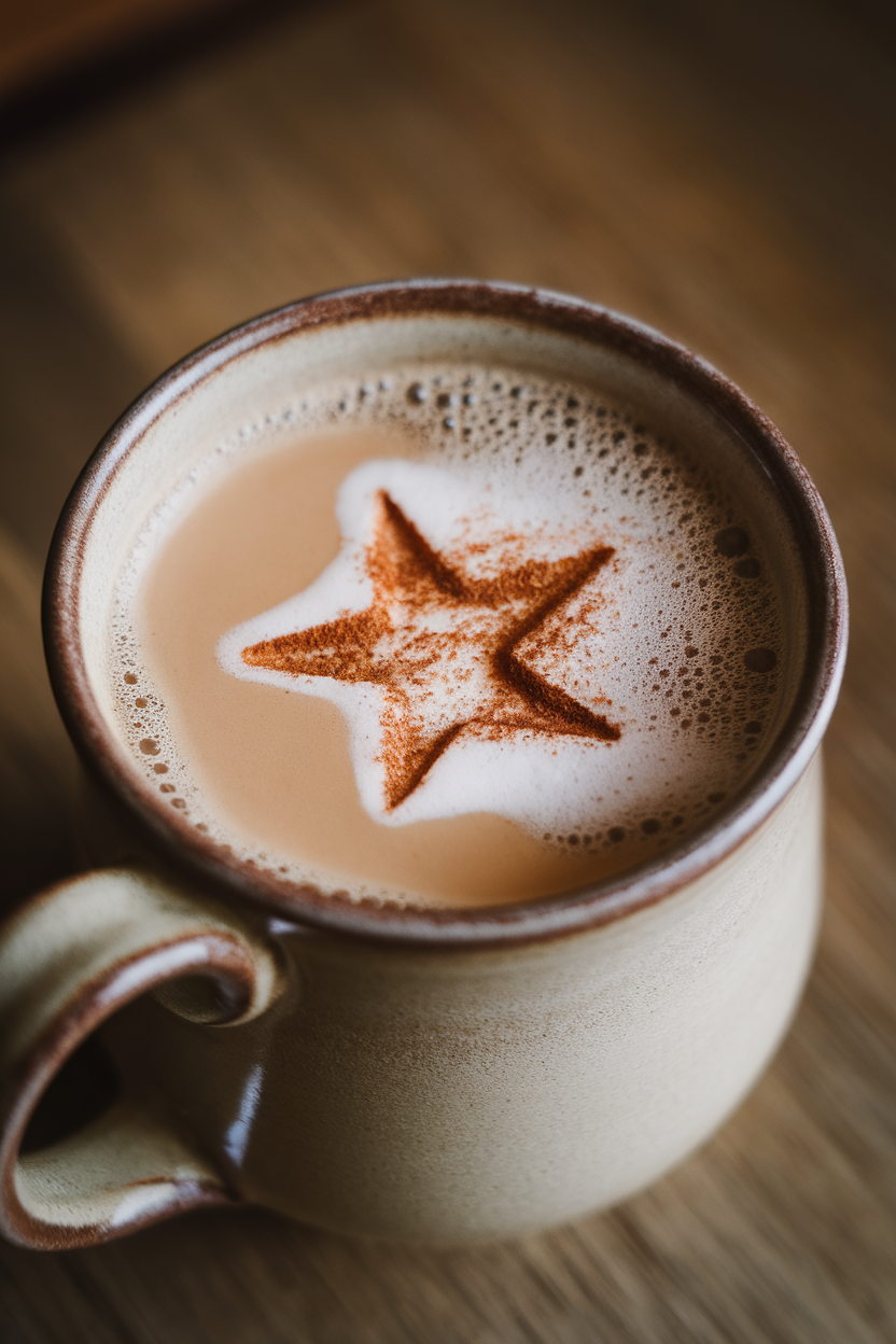 Indoor photo of a warm decaf milk tea in a ceramic mug, star-shaped cinnamon dust stencil on foam. No text or logos.