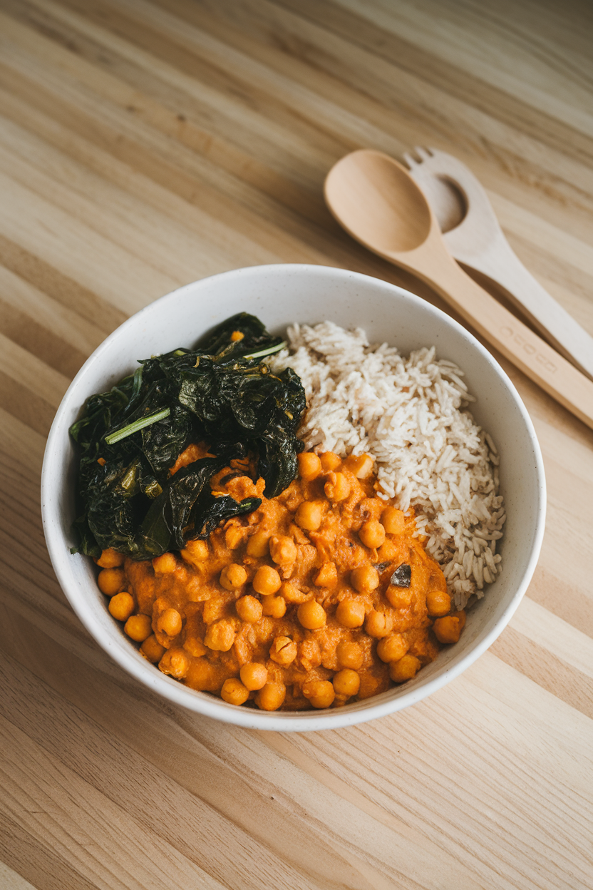 An indoor countertop scene displaying a meal-prep bowl filled with vibrant orange chickpea curry, wilted spinach, and a scoop of basmati rice. No text or logos present. Photo only.
