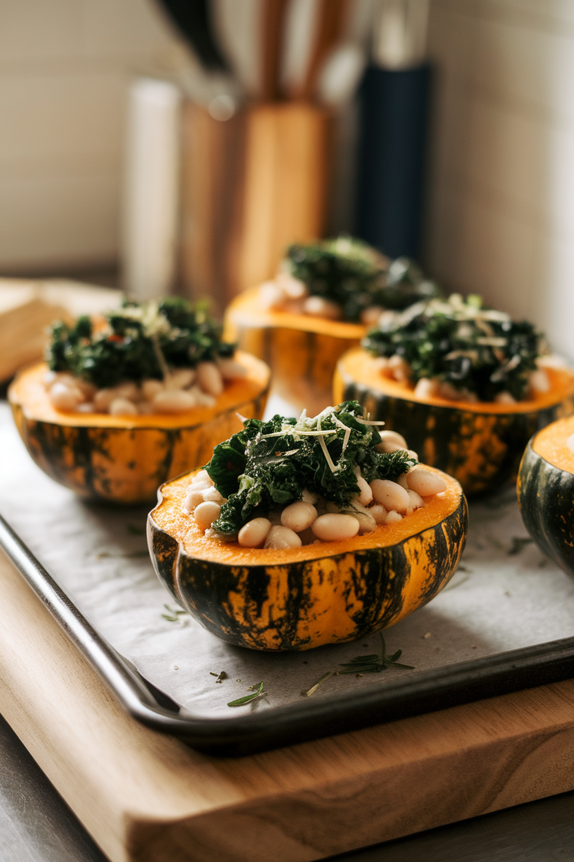 An indoor baking sheet displaying halved acorn squash filled with white beans, sautéed kale, and herbs. No text or logos, photo style.