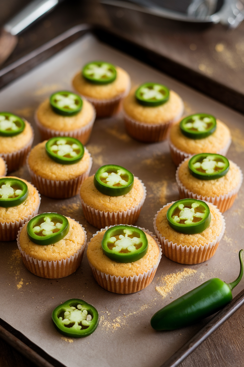 Photo of mini cornbread muffins with jalapeño slice eyes and mouth, indoor baking sheet. No text or logos.