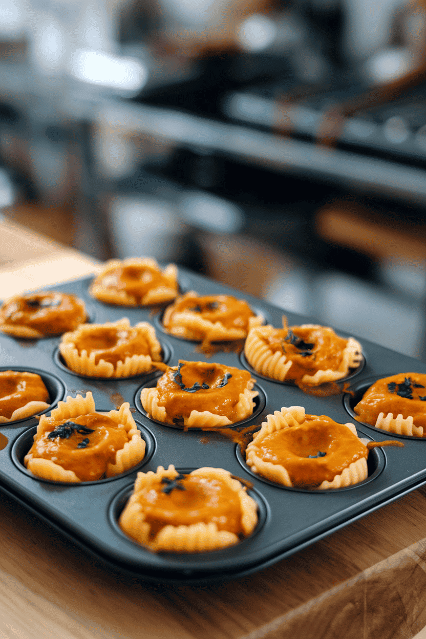 Indoor mini muffin tray holding pasta nests baked in orange pumpkin Alfredo sauce, topped with parsley flecks. No logos or text.