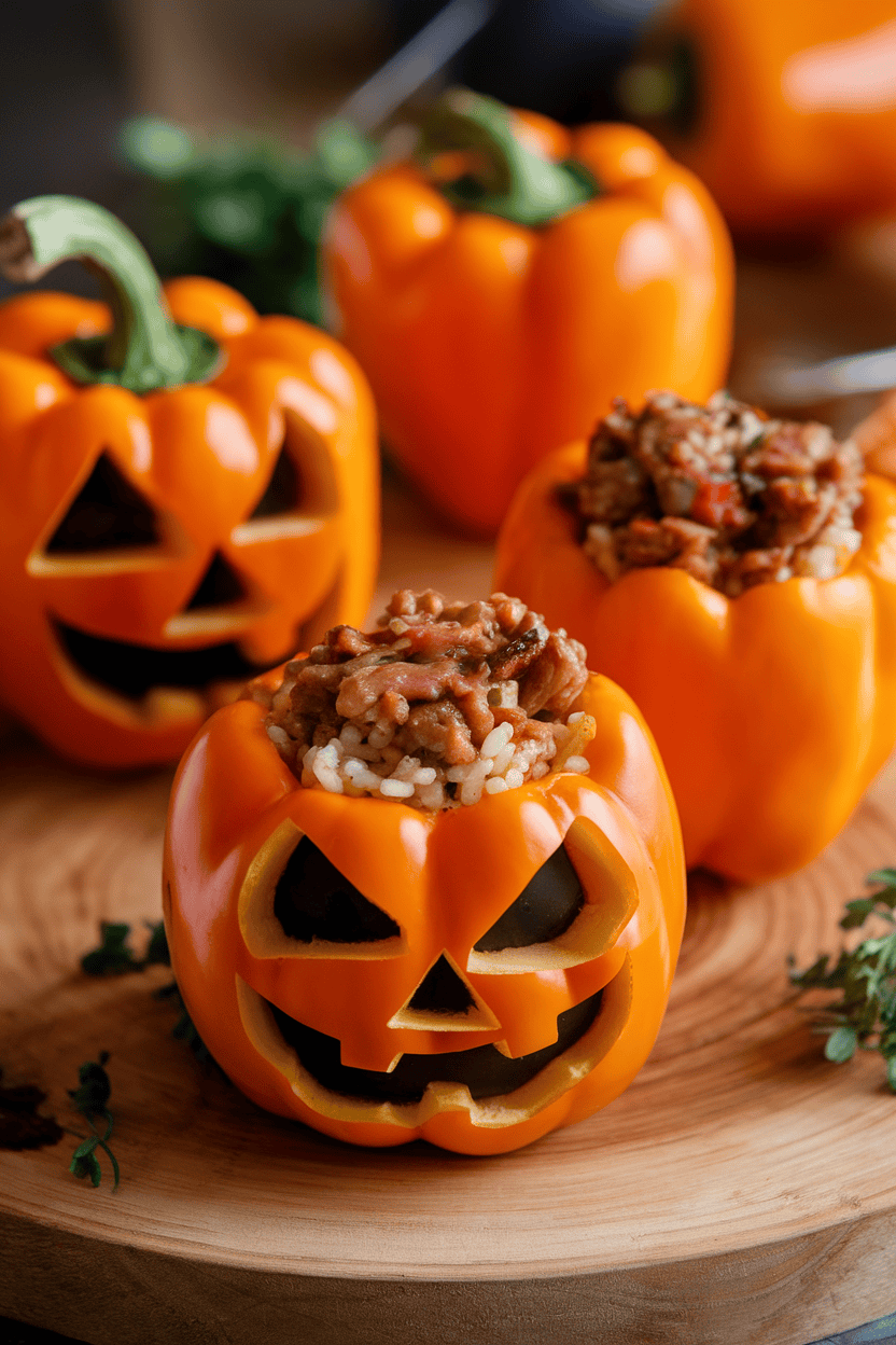Indoor oven-to-table shot of orange bell peppers carved with jack-o’-lantern faces, filled with rice and beef, lids tilted to the side. Photo; no text or logos.