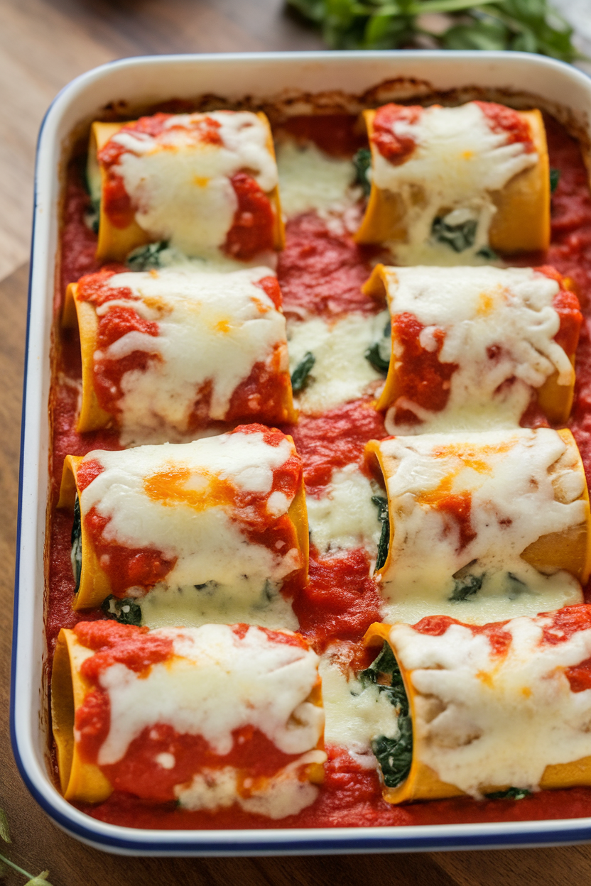An indoor baking dish showing individual rolled whole-wheat lasagna noodles filled with spinach and ricotta, topped with marinara and melted cheese. No text or logos; photography only.