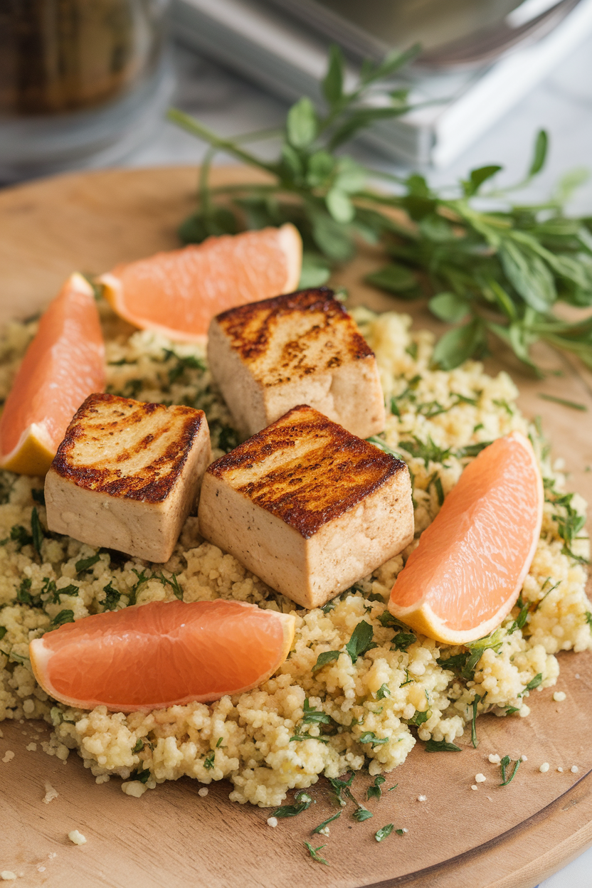 Indoor image of seared tofu cubes on herb-laden couscous with grapefruit segments. No text or logos.