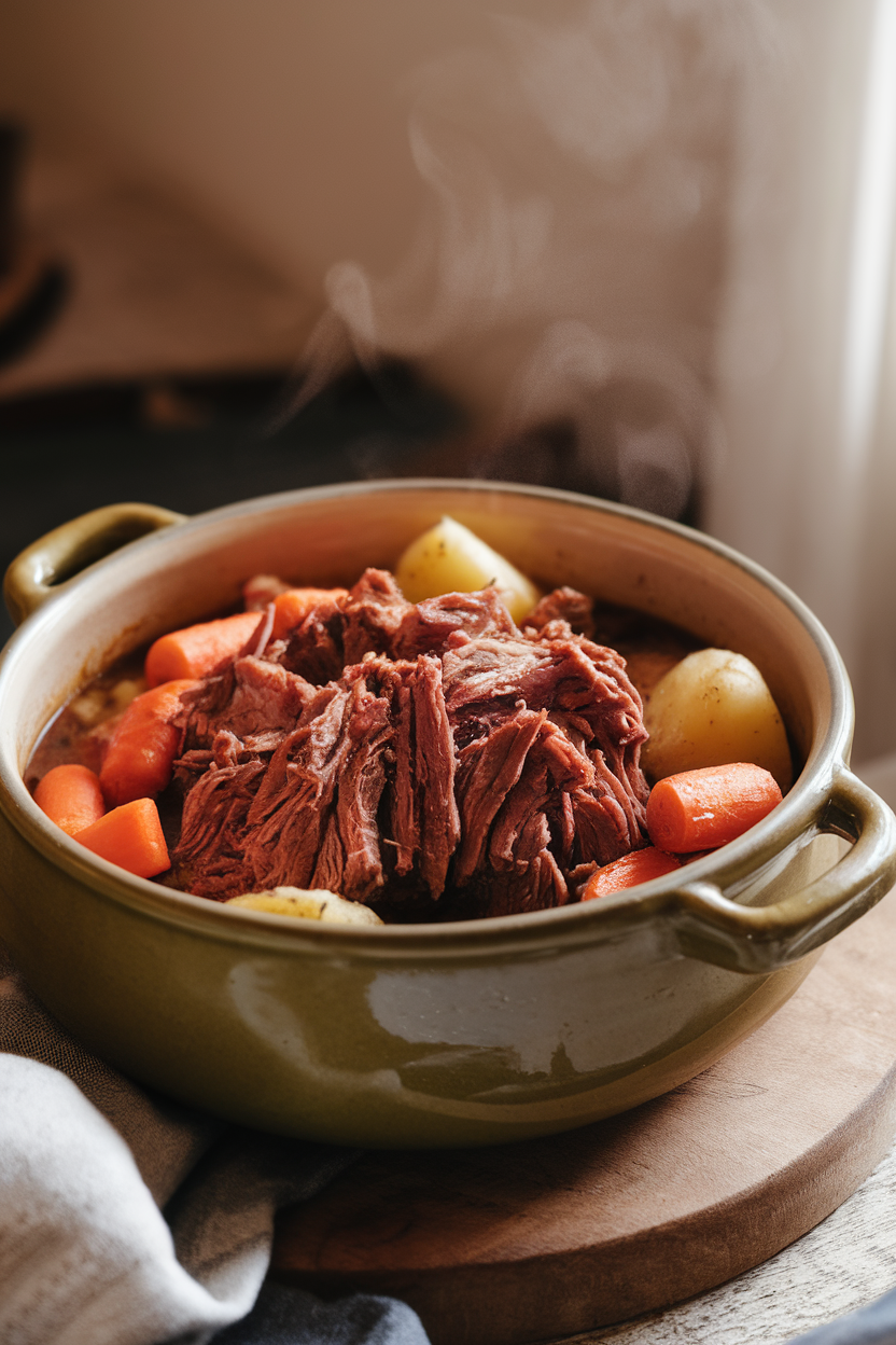 A ceramic bowl of tender shredded pot roast with carrots and potatoes, steam rising under soft indoor light. No text or logos. Photo.