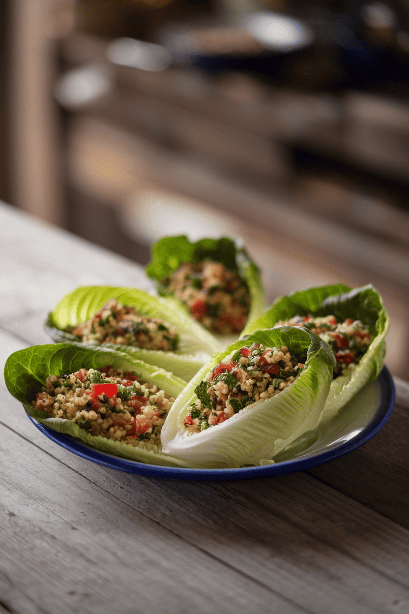 Indoor photo of romaine leaves filled with bulgur, parsley, tomato, and mint tabbouleh mixture on a small plate. No text or logos present.