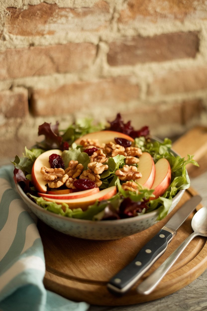 Salad bowl with mixed greens, sliced apples, toasted walnuts, and dried cranberries, indoors. No text or logos. Photo.