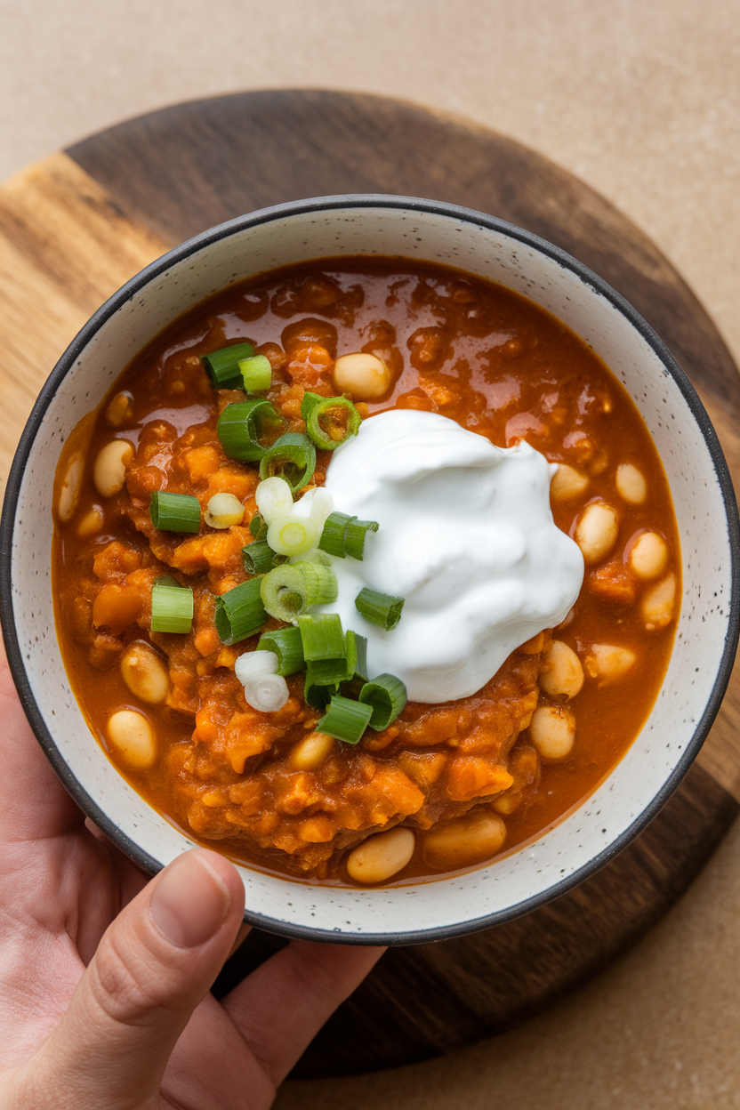 Indoor photo of a bowl of pumpkin and white bean chili topped with green onions and a dollop of Greek yogurt; no text or logos visible.