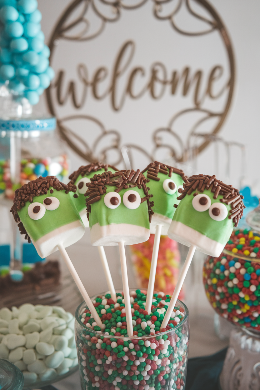 Indoor candy buffet with marshmallow pops dipped in green candy coating, chocolate sprinkle hair, and candy eyes. Photo, no text or logos.