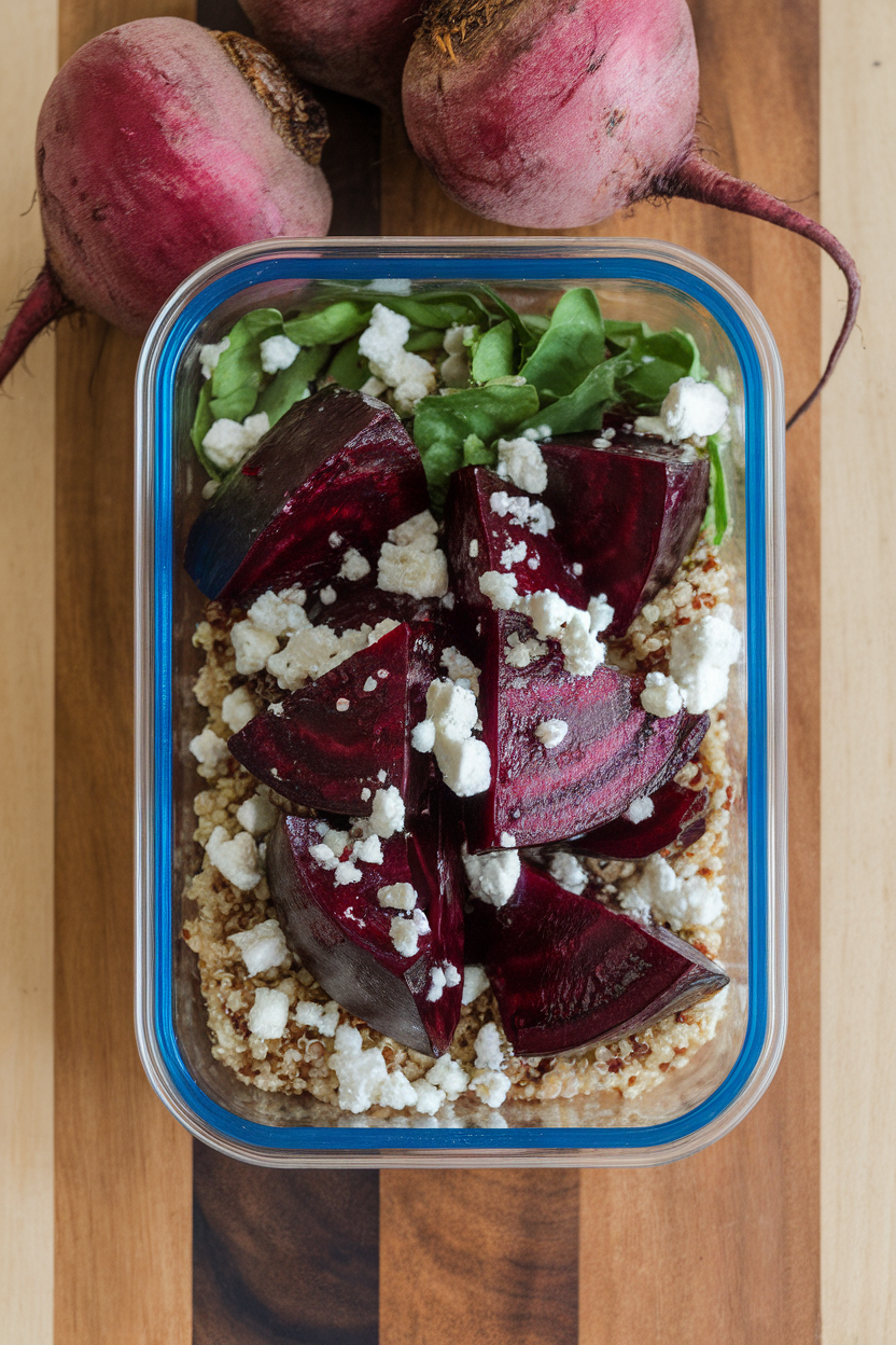 Photo, indoor meal-prep container with jewel-tone roasted beet wedges on quinoa, sprinkled with feta; no text or logos.