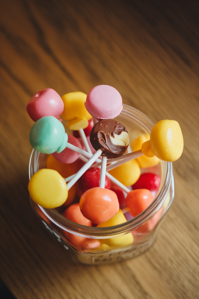 Photo of indoor jar with assorted fruit-flavored lollipops, one partially unwrapped to reveal chocolate center, no logos