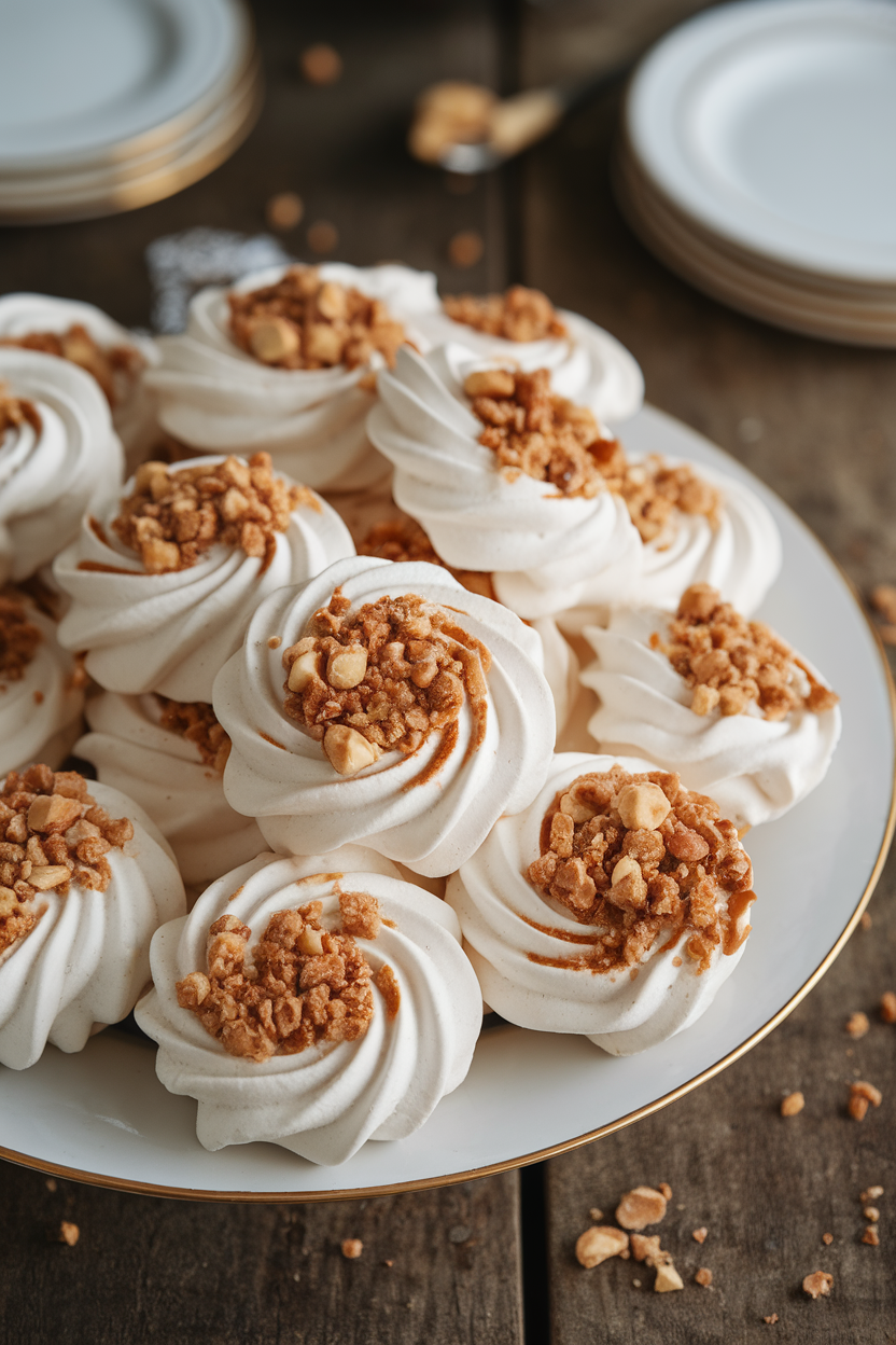 Indoor photo of crisp white meringue cookies swirled with hazelnut praline crumbs, arranged on a platter. No text or logos.