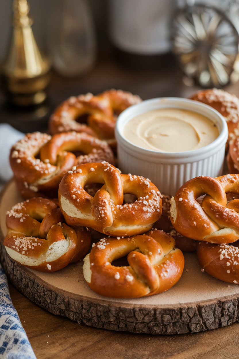 Indoor snack scene with a board stacked high with soft pretzel knots brushed in sage butter, flanked by beer cheese dip in a ramekin. No text or logos. Photo only.
