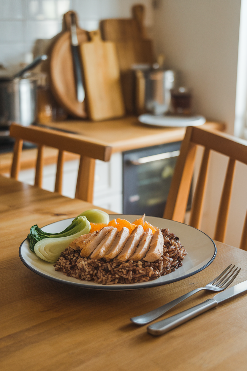 Photo inside a cozy kitchen showing black forbidden rice topped with sliced ginger-citrus chicken breast, steamed bok choy, and mandarin segments. No text or logos visible.