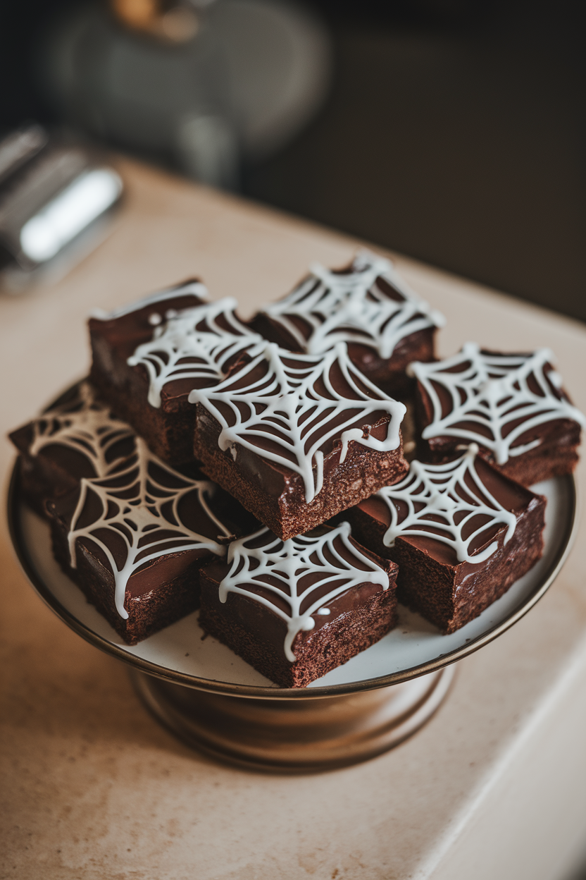 Photo taken indoors of a round plate holding brownie squares topped with shiny ganache and thin white icing piped into spiderweb patterns; soft directional lighting, no text or logos