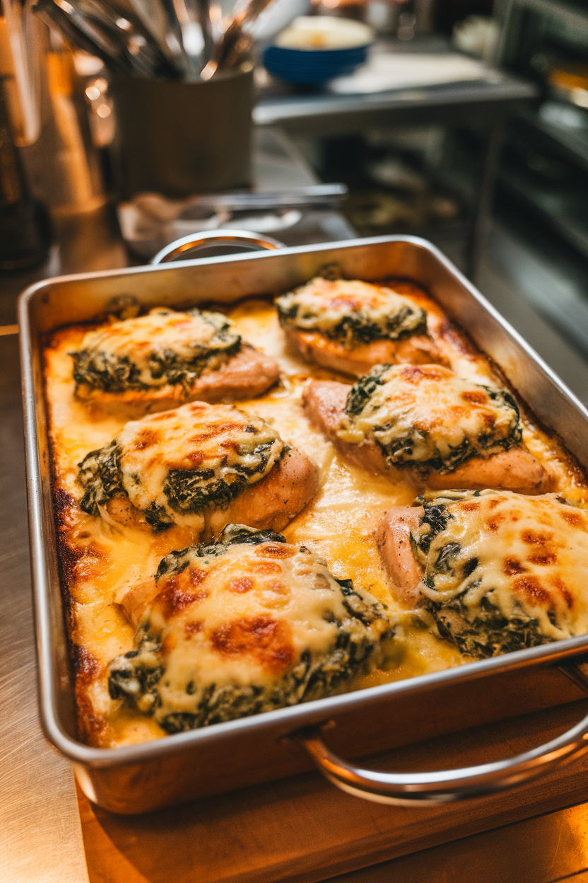 Indoor baking dish with chicken breasts topped with creamy spinach-artichoke mixture, cheese melted and bubbly. No logos. Photo.