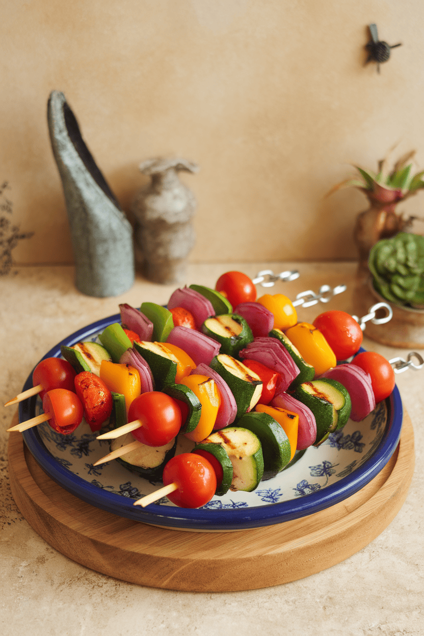 Indoor tabletop with colorful skewers of grilled zucchini, bell peppers, red onion, and cherry tomatoes resting on a ceramic platter. No text or logos present. Photo, not illustration.